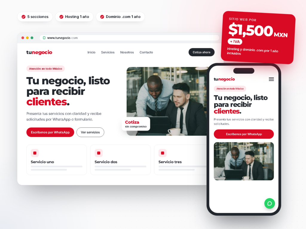 Maqueta de sitio web en computadora y celular con precio de $1,500 MXN más IVA, hosting y dominio .com por 1 año incluidos