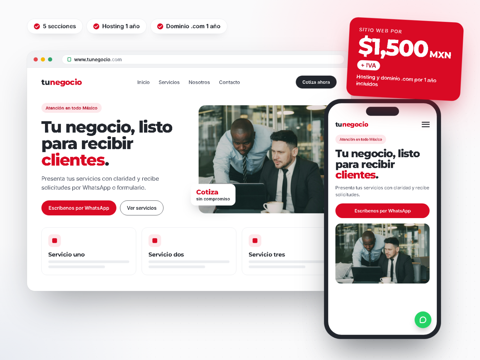 Maqueta de sitio web en computadora y celular con precio de $1,500 MXN más IVA, hosting y dominio .com por 1 año incluidos